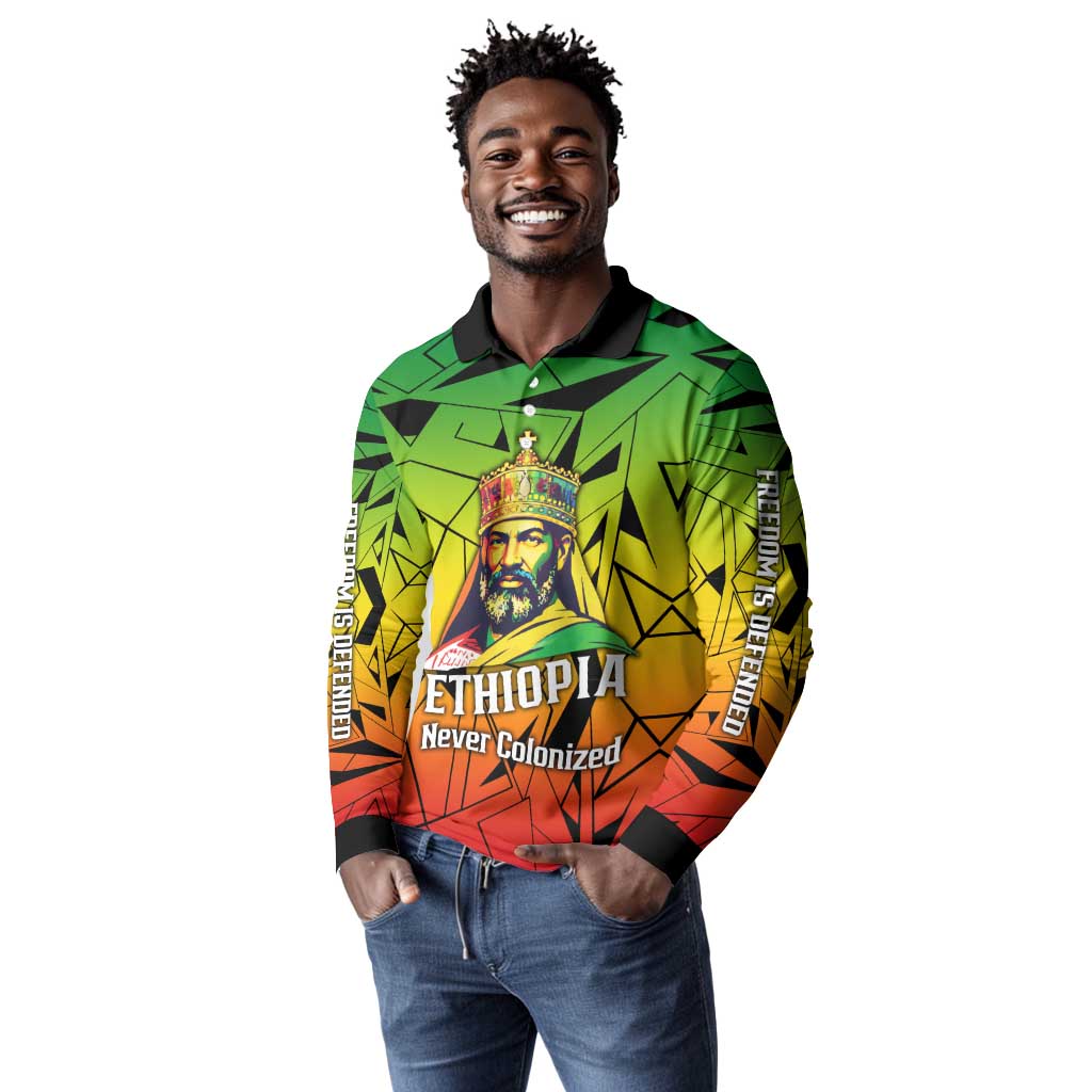 Menelik II Long Sleeve Polo Shirt with Crowned Portrait, Ethiopia Never Colonized Text and Pan-African Abstract - African Pride