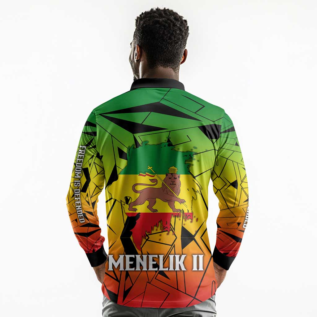 Menelik II Long Sleeve Polo Shirt with Crowned Portrait, Ethiopia Never Colonized Text and Pan-African Abstract - African Pride