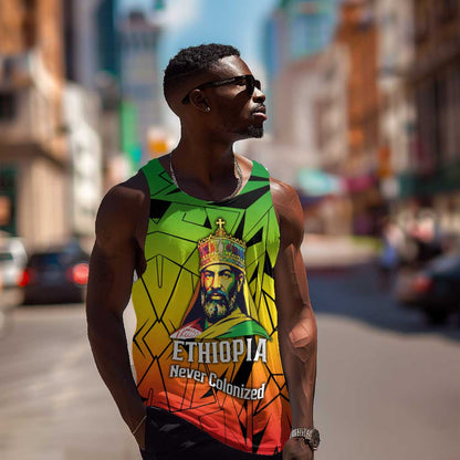 Menelik II Men Tank Top with Crowned Portrait, Ethiopia Never Colonized Text and Pan-African Abstract - African Pride