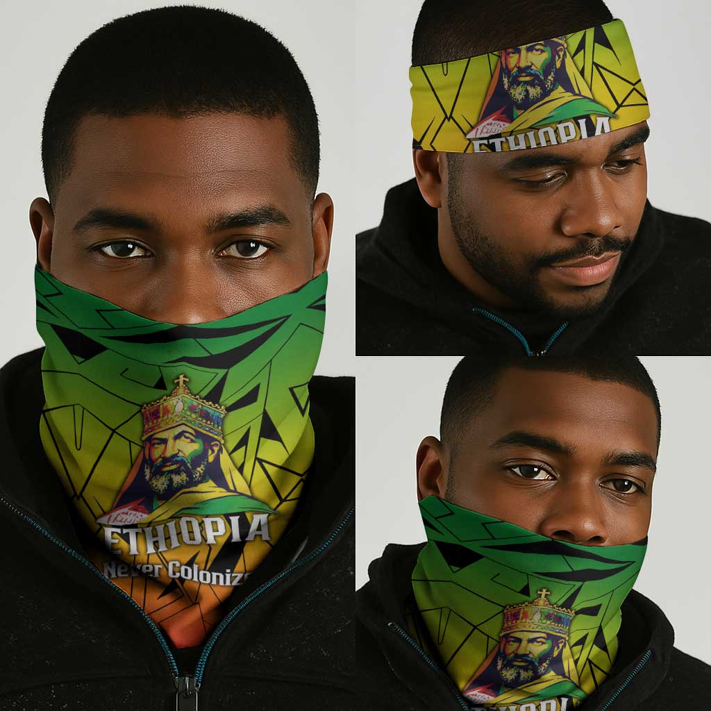 Menelik II Neck Gaiter with Crowned Portrait, Ethiopia Never Colonized Text and Pan-African Abstract - African Pride