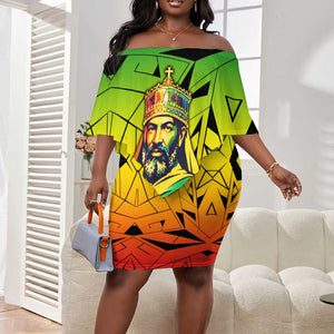 Menelik II Off Shoulder Short Dress with Crowned Portrait, Ethiopia Never Colonized Text and Pan-African Abstract - African Pride
