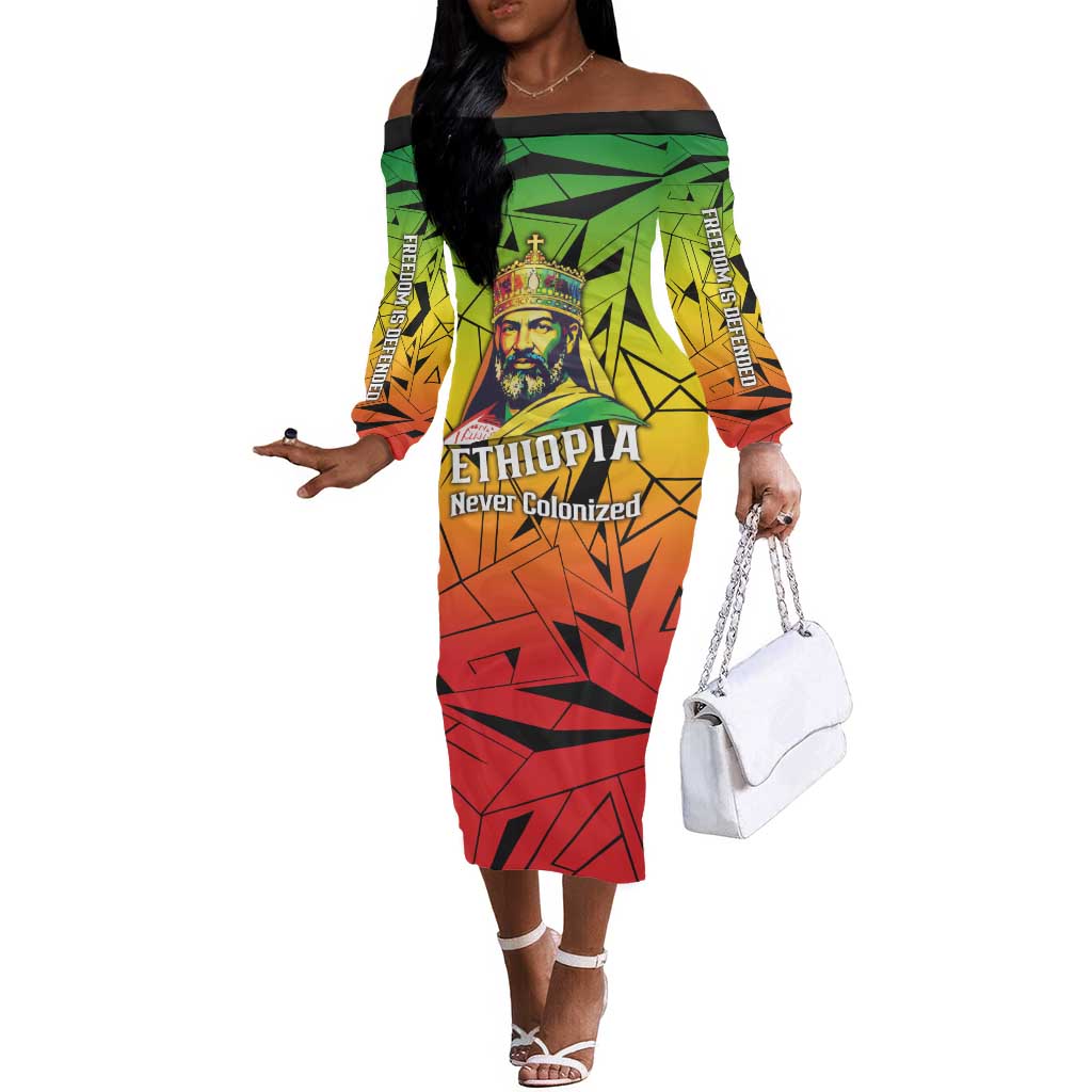 Menelik II Off The Shoulder Long Sleeve Dress with Crowned Portrait, Ethiopia Never Colonized Text and Pan-African Abstract - African Pride