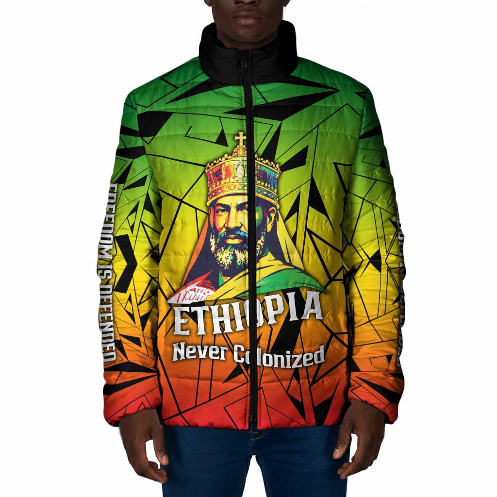 Menelik II Padded Jacket with Crowned Portrait, Ethiopia Never Colonized Text and Pan-African Abstract - African Pride