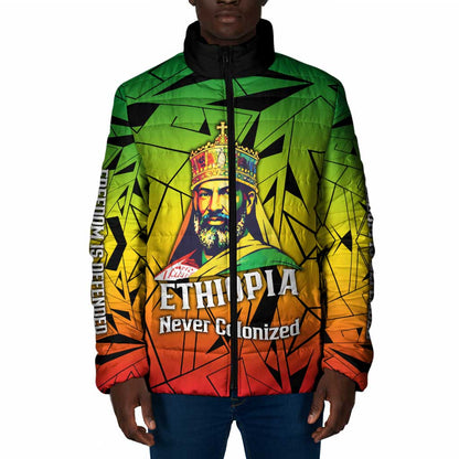 Menelik II Padded Jacket with Crowned Portrait, Ethiopia Never Colonized Text and Pan-African Abstract - African Pride