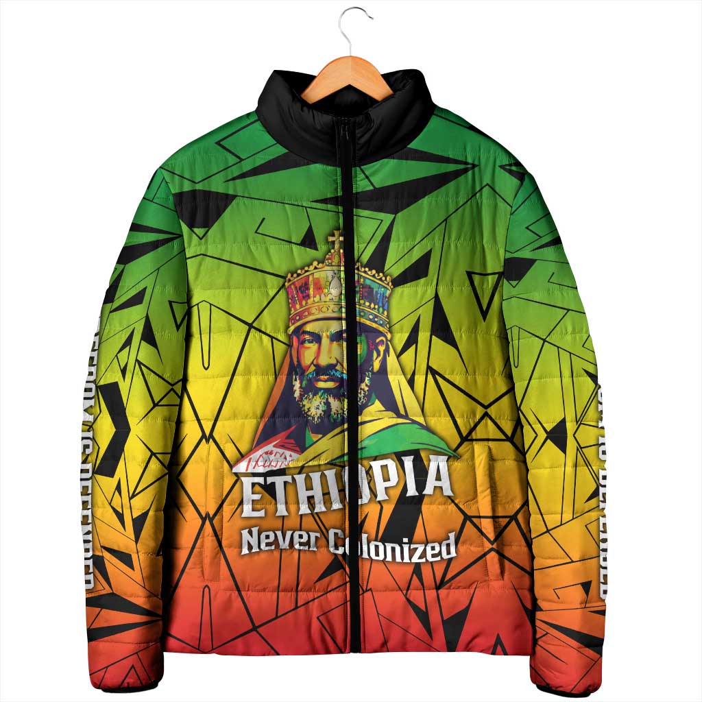 Menelik II Padded Jacket with Crowned Portrait, Ethiopia Never Colonized Text and Pan-African Abstract - African Pride