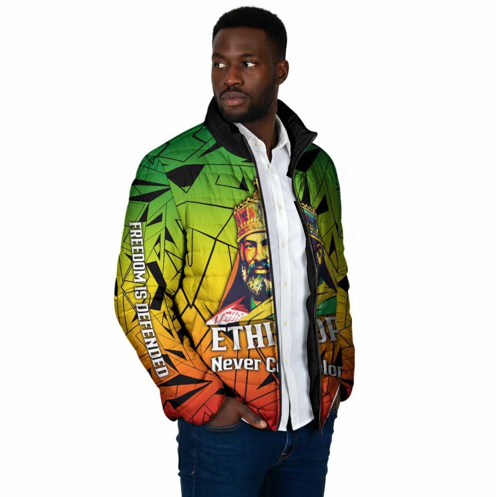 Menelik II Padded Jacket with Crowned Portrait, Ethiopia Never Colonized Text and Pan-African Abstract - African Pride
