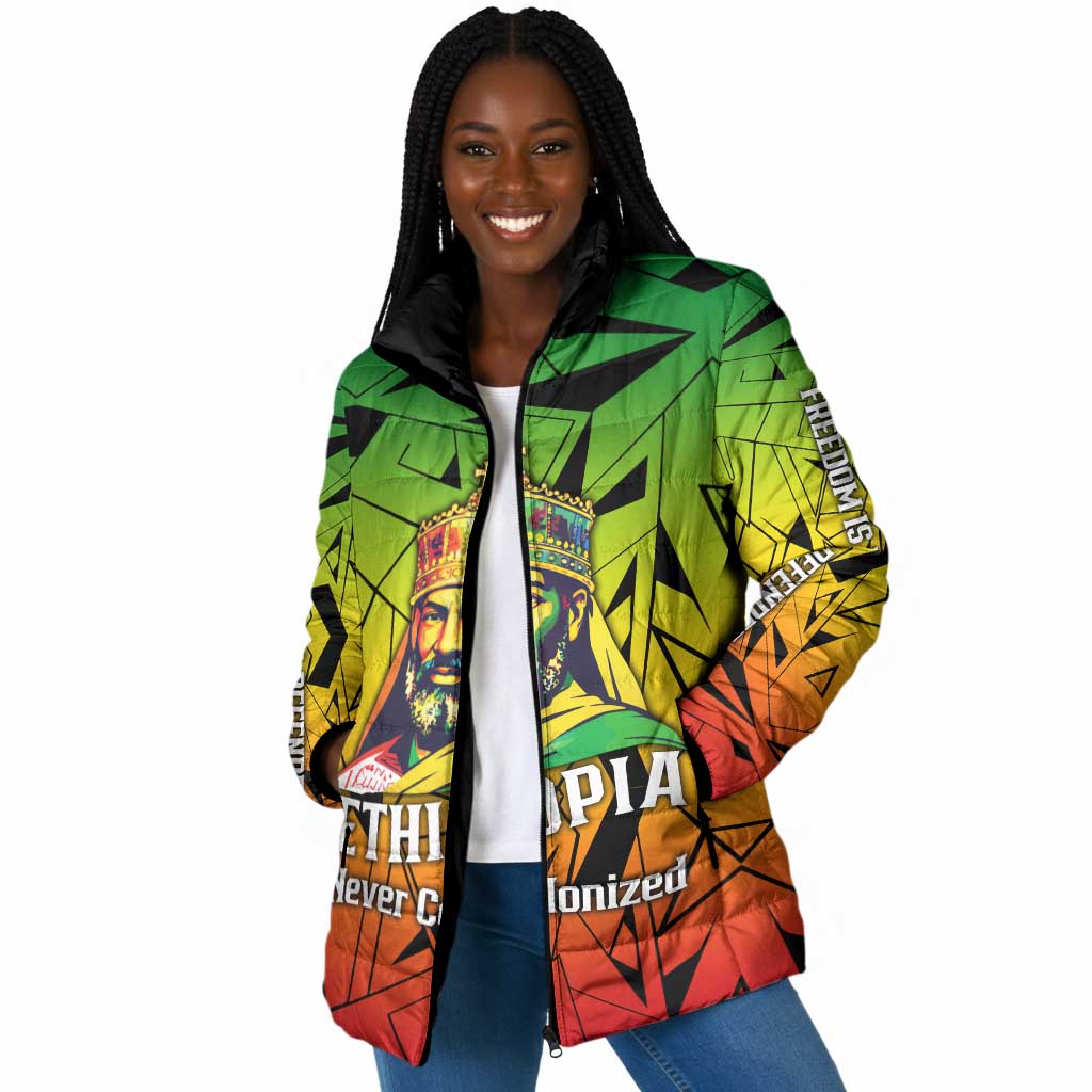 Menelik II Padded Jacket with Crowned Portrait, Ethiopia Never Colonized Text and Pan-African Abstract - African Pride