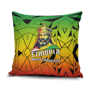 Menelik II Pillow Cover with Crowned Portrait, Ethiopia Never Colonized Text and Pan-African Abstract - African Pride