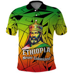 Menelik II Polo Shirt with Crowned Portrait, Ethiopia Never Colonized Text and Pan-African Abstract - African Pride