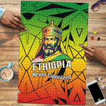 Menelik II Puzzle with Crowned Portrait, Ethiopia Never Colonized Text and Pan-African Abstract - African Pride