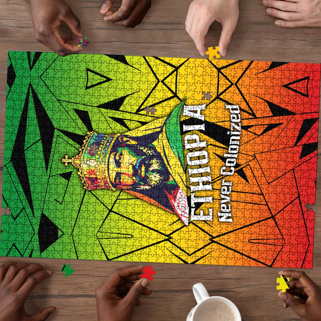 Menelik II Puzzle with Crowned Portrait, Ethiopia Never Colonized Text and Pan-African Abstract - African Pride