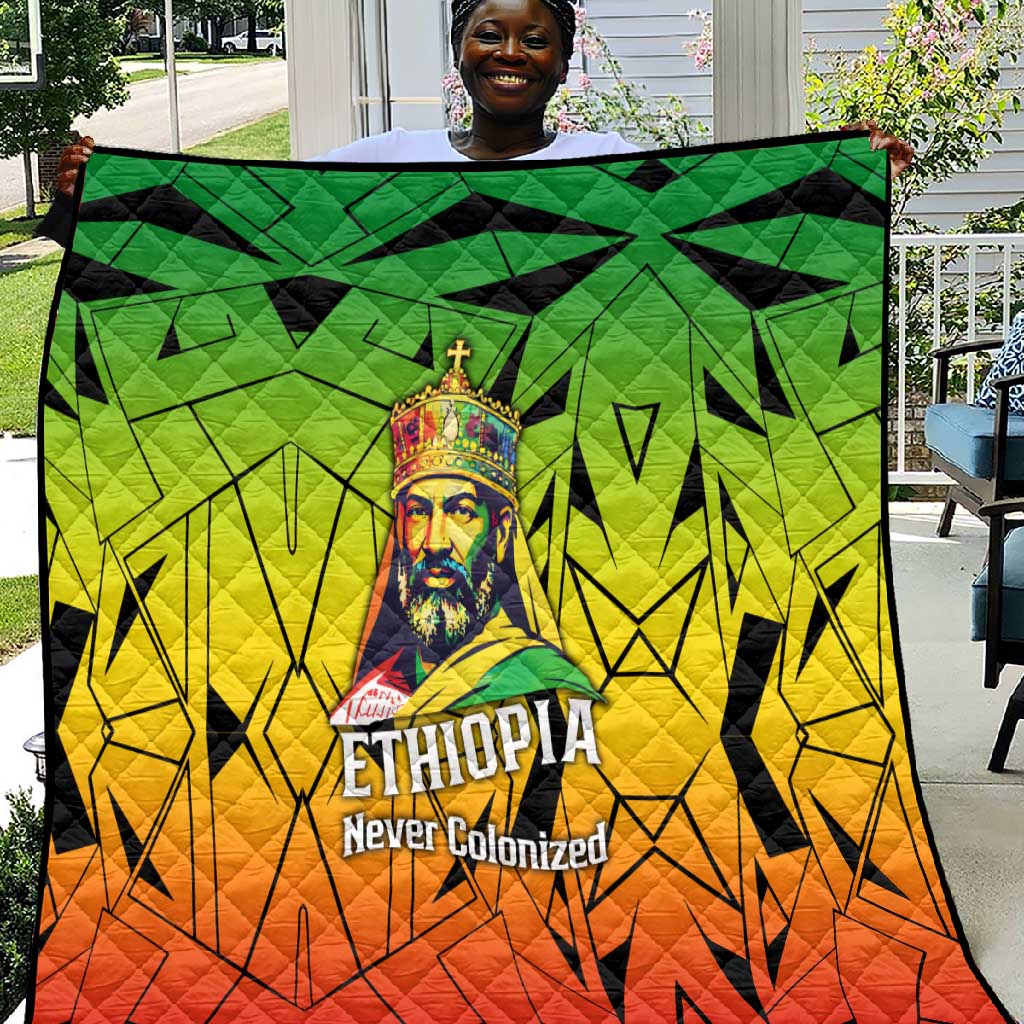 Menelik II Quilt with Crowned Portrait, Ethiopia Never Colonized Text and Pan-African Abstract - African Pride