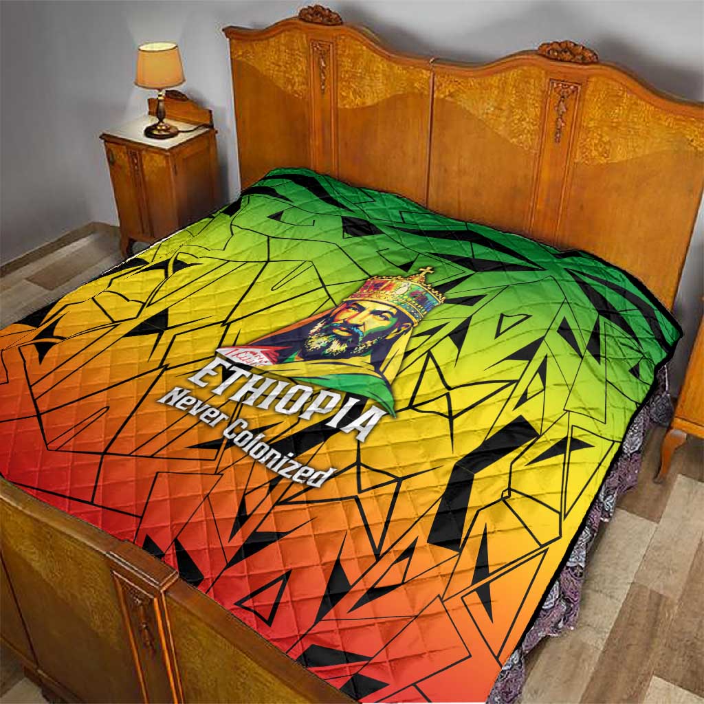 Menelik II Quilt with Crowned Portrait, Ethiopia Never Colonized Text and Pan-African Abstract - African Pride