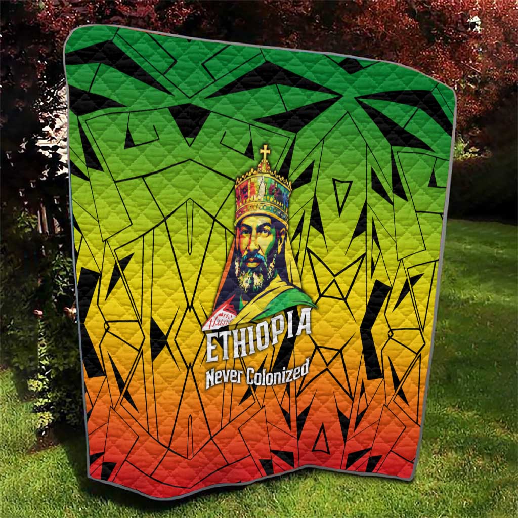 Menelik II Quilt with Crowned Portrait, Ethiopia Never Colonized Text and Pan-African Abstract - African Pride