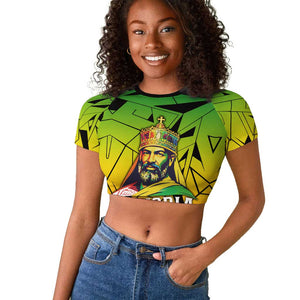 Menelik II Raglan Cropped T shirt with Crowned Portrait, Ethiopia Never Colonized Text and Pan-African Abstract - African Pride