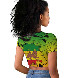 Menelik II Raglan Cropped T shirt with Crowned Portrait, Ethiopia Never Colonized Text and Pan-African Abstract - African Pride