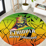 Menelik II Round Carpet with Crowned Portrait, Ethiopia Never Colonized Text and Pan-African Abstract - African Pride