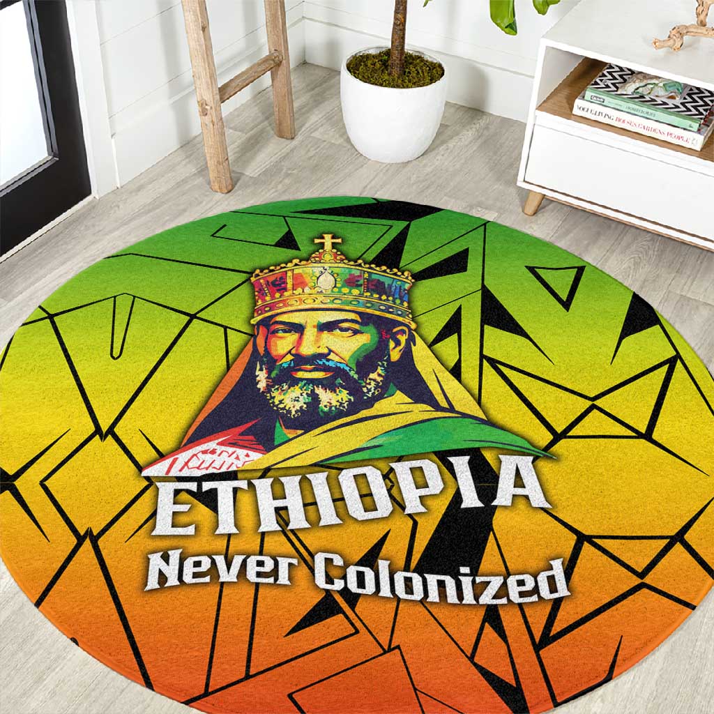 Menelik II Round Carpet with Crowned Portrait, Ethiopia Never Colonized Text and Pan-African Abstract - African Pride