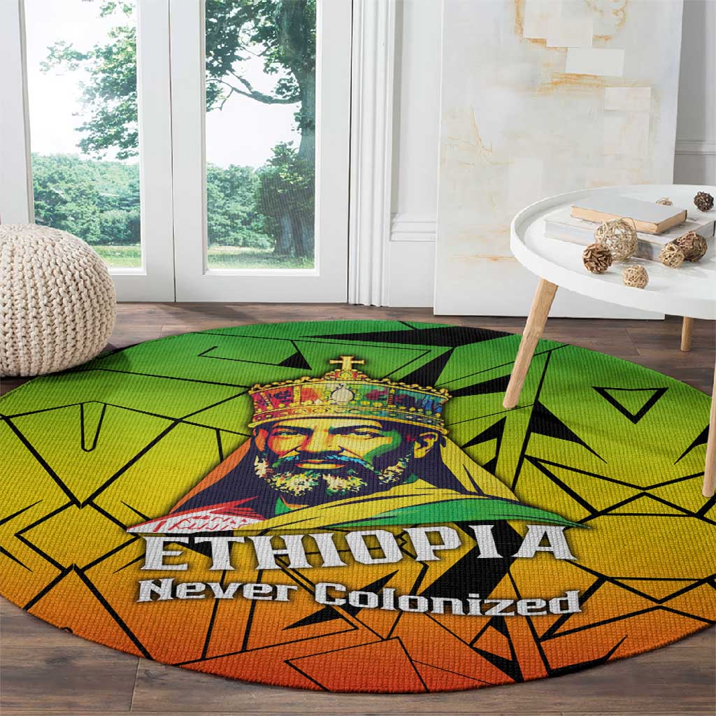 Menelik II Round Carpet with Crowned Portrait, Ethiopia Never Colonized Text and Pan-African Abstract - African Pride