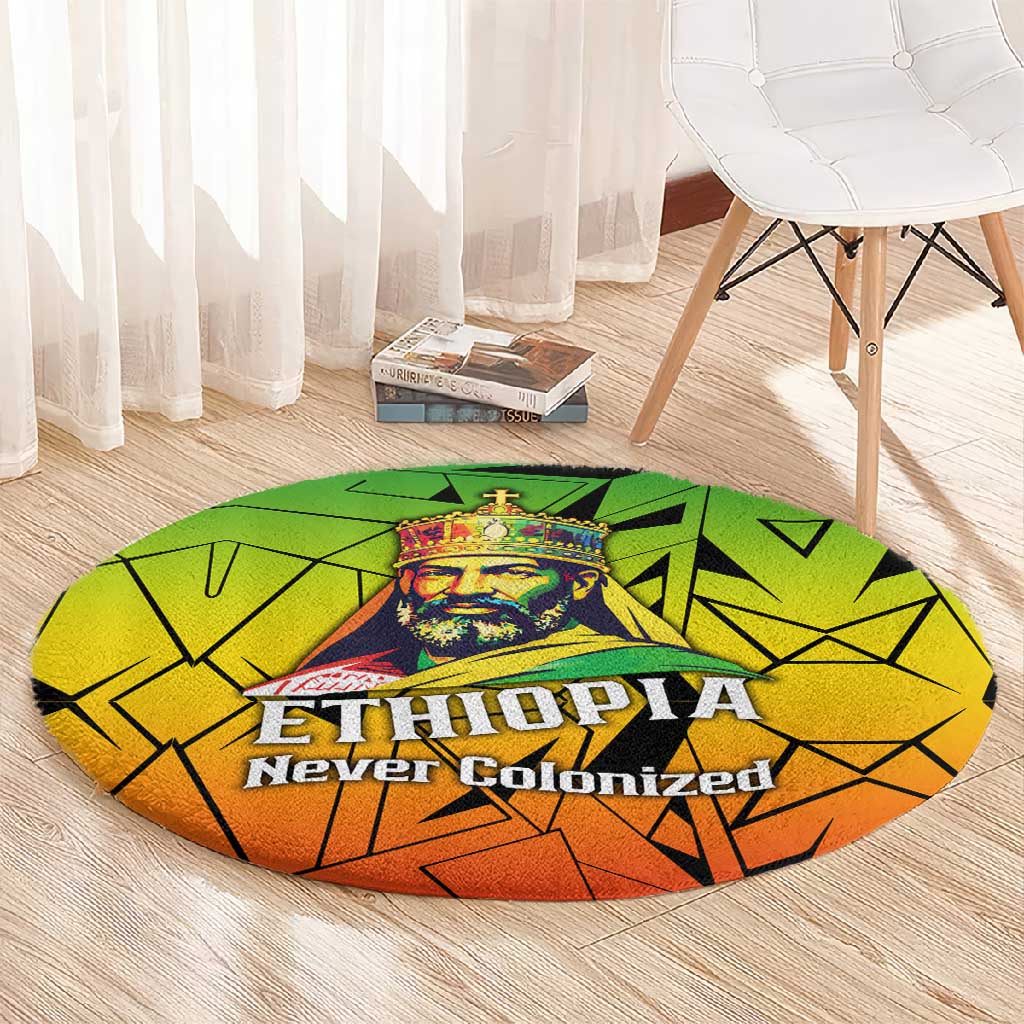 Menelik II Round Carpet with Crowned Portrait, Ethiopia Never Colonized Text and Pan-African Abstract - African Pride