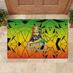Menelik II Rubber Doormat with Crowned Portrait, Ethiopia Never Colonized Text and Pan-African Abstract - African Pride