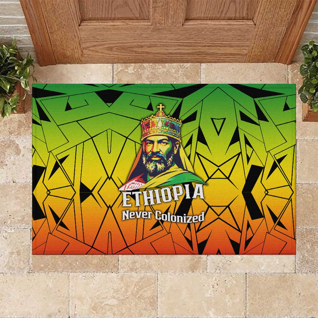 Menelik II Rubber Doormat with Crowned Portrait, Ethiopia Never Colonized Text and Pan-African Abstract - African Pride