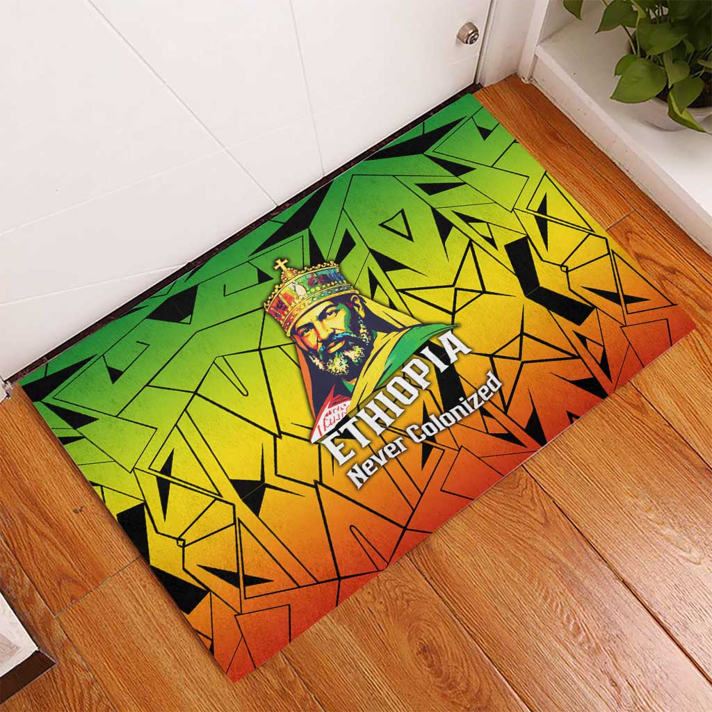Menelik II Rubber Doormat with Crowned Portrait, Ethiopia Never Colonized Text and Pan-African Abstract - African Pride