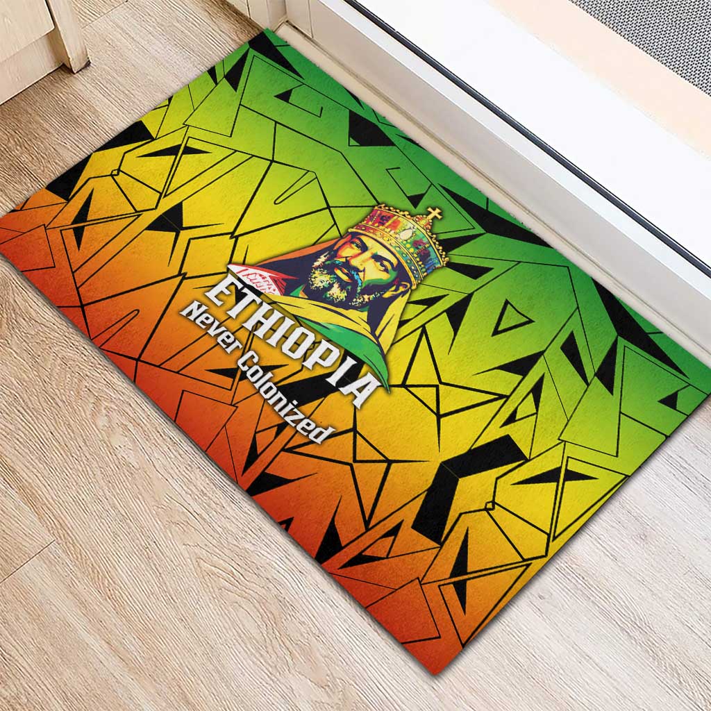 Menelik II Rubber Doormat with Crowned Portrait, Ethiopia Never Colonized Text and Pan-African Abstract - African Pride