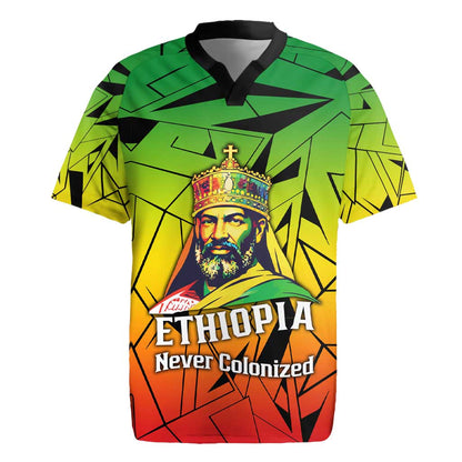 Menelik II Rugby Jersey with Crowned Portrait, Ethiopia Never Colonized Text and Pan-African Abstract - African Pride