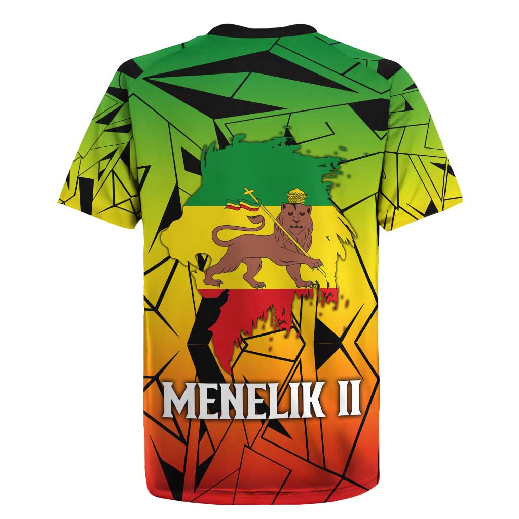 Menelik II Rugby Jersey with Crowned Portrait, Ethiopia Never Colonized Text and Pan-African Abstract - African Pride