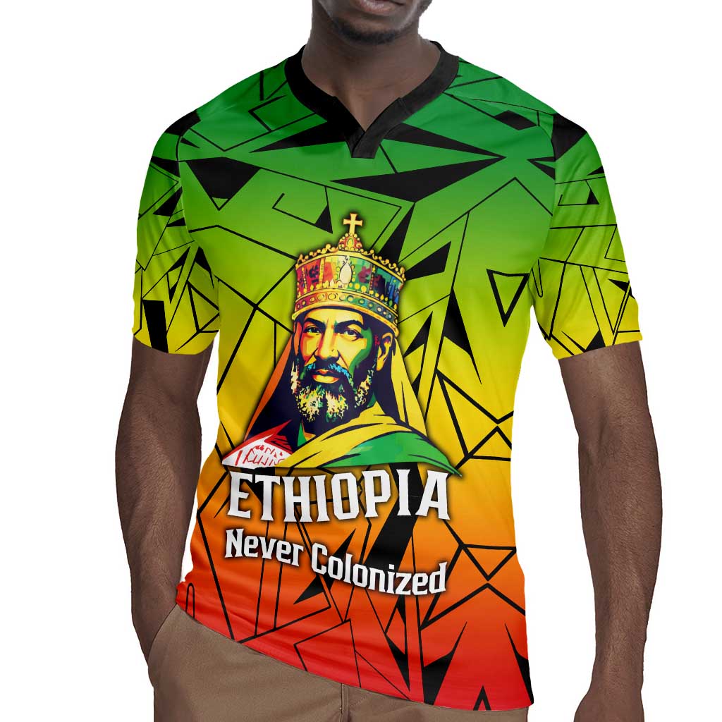 Menelik II Rugby Jersey with Crowned Portrait, Ethiopia Never Colonized Text and Pan-African Abstract - African Pride