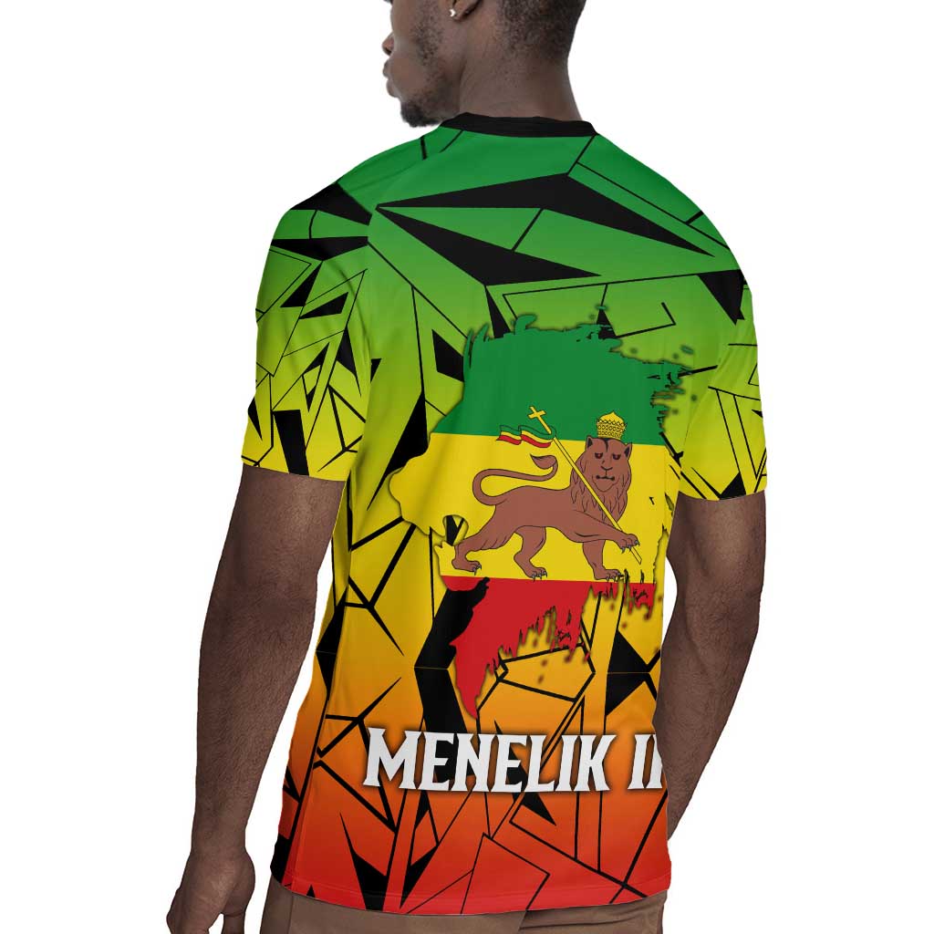 Menelik II Rugby Jersey with Crowned Portrait, Ethiopia Never Colonized Text and Pan-African Abstract - African Pride