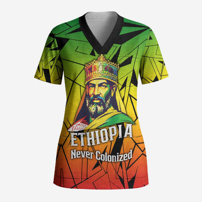 Menelik II Scrub Top with Crowned Portrait, Ethiopia Never Colonized Text and Pan-African Abstract - African Pride