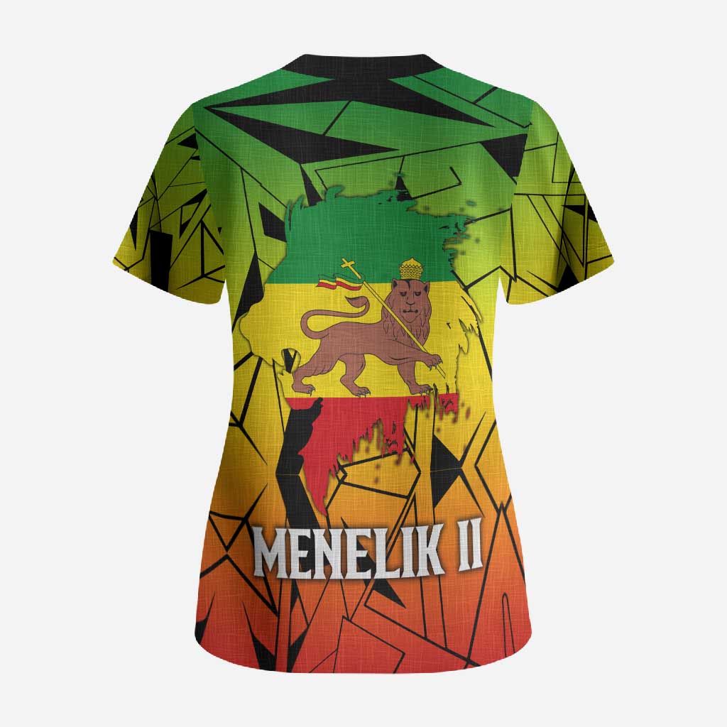 Menelik II Scrub Top with Crowned Portrait, Ethiopia Never Colonized Text and Pan-African Abstract - African Pride