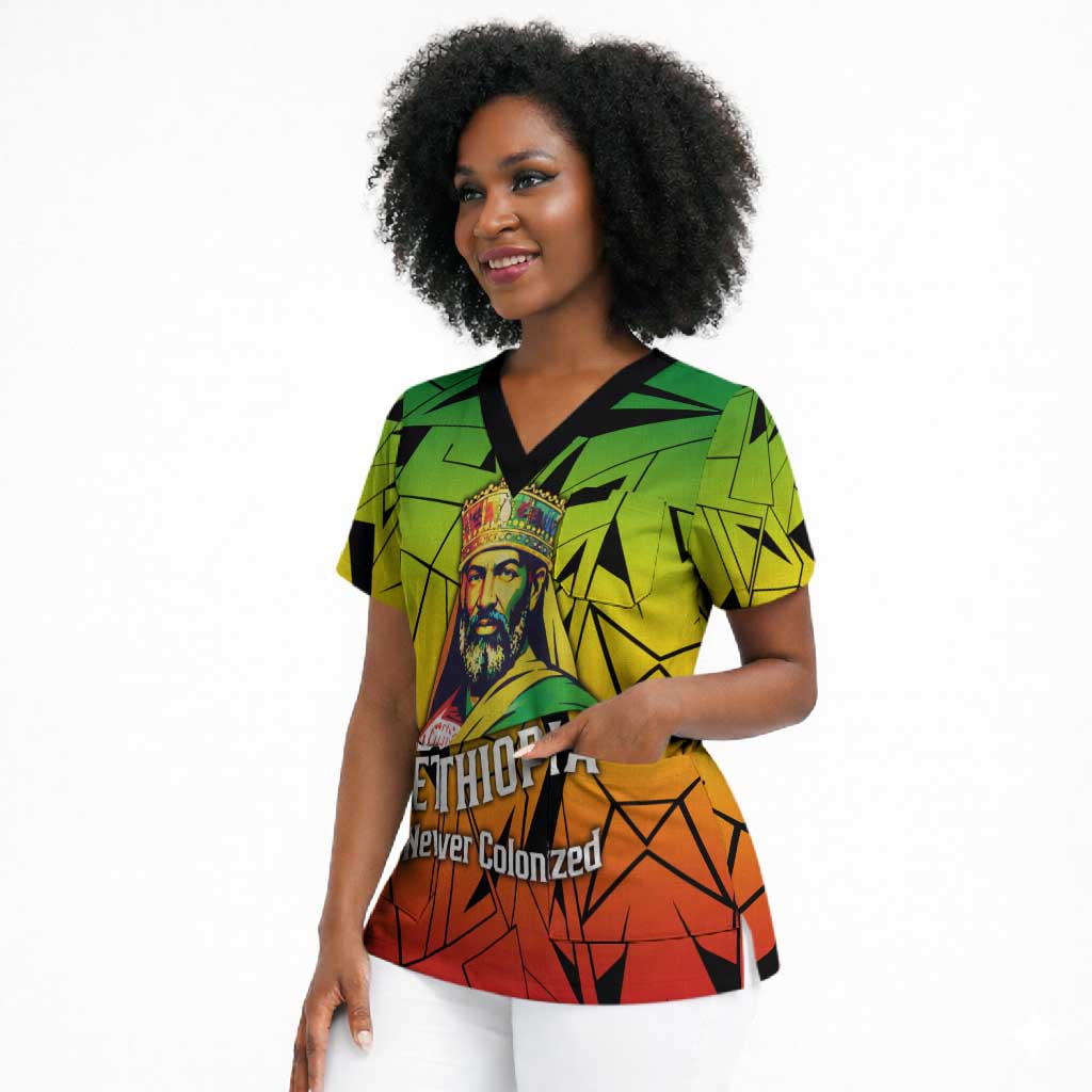 Menelik II Scrub Top with Crowned Portrait, Ethiopia Never Colonized Text and Pan-African Abstract - African Pride