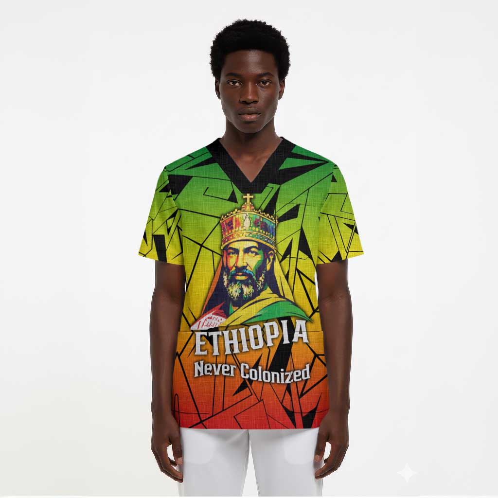 Menelik II Scrub Top with Crowned Portrait, Ethiopia Never Colonized Text and Pan-African Abstract - African Pride