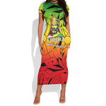 Menelik II Short Sleeve Bodycon Dress with Crowned Portrait, Ethiopia Never Colonized Text and Pan-African Abstract - African Pride