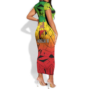 Menelik II Short Sleeve Bodycon Dress with Crowned Portrait, Ethiopia Never Colonized Text and Pan-African Abstract - African Pride