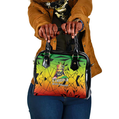 Menelik II Shoulder Handbag with Crowned Portrait, Ethiopia Never Colonized Text and Pan-African Abstract - African Pride