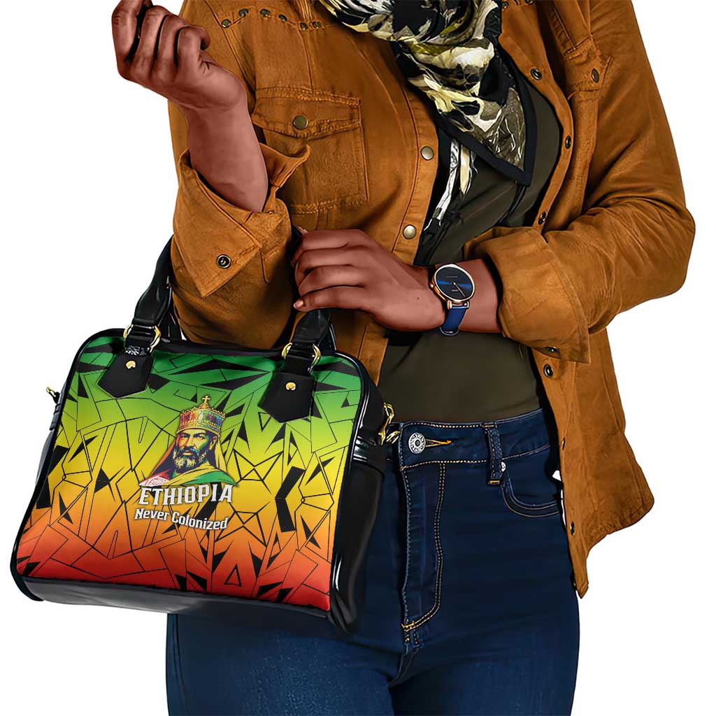 Menelik II Shoulder Handbag with Crowned Portrait, Ethiopia Never Colonized Text and Pan-African Abstract - African Pride