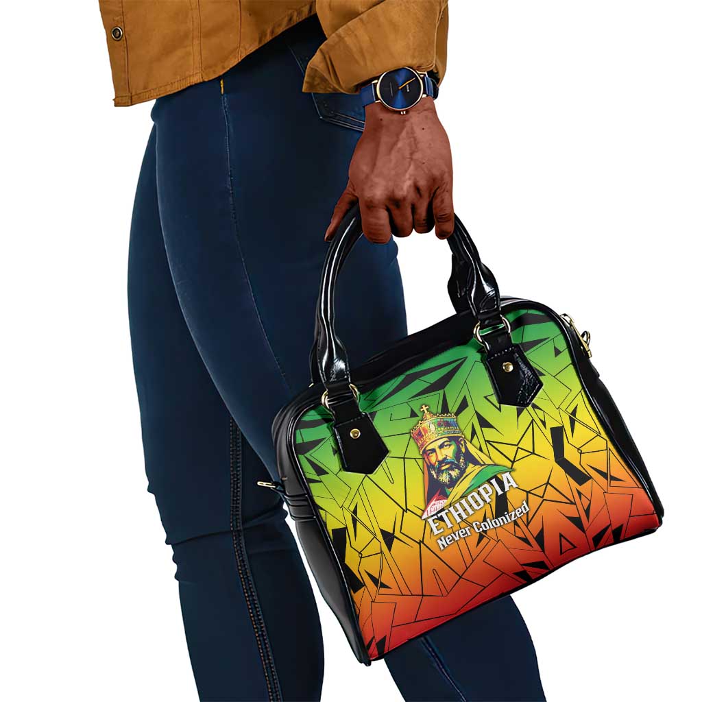 Menelik II Shoulder Handbag with Crowned Portrait, Ethiopia Never Colonized Text and Pan-African Abstract - African Pride
