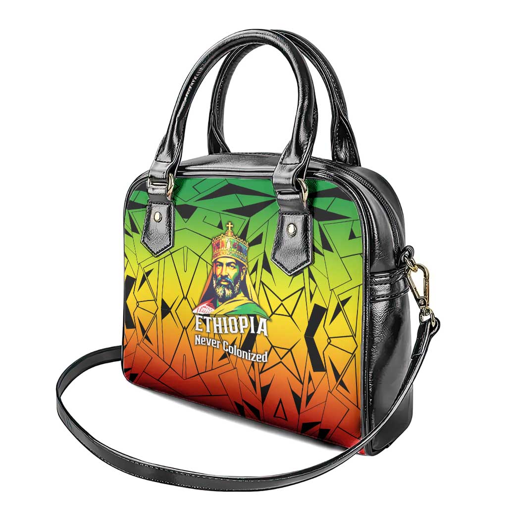 Menelik II Shoulder Handbag with Crowned Portrait, Ethiopia Never Colonized Text and Pan-African Abstract - African Pride