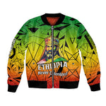 Menelik II Sleeve Zip Bomber Jacket with Crowned Portrait, Ethiopia Never Colonized Text and Pan-African Abstract - African Pride