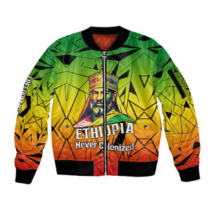 Menelik II Sleeve Zip Bomber Jacket with Crowned Portrait, Ethiopia Never Colonized Text and Pan-African Abstract - African Pride