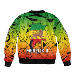 Menelik II Sleeve Zip Bomber Jacket with Crowned Portrait, Ethiopia Never Colonized Text and Pan-African Abstract - African Pride