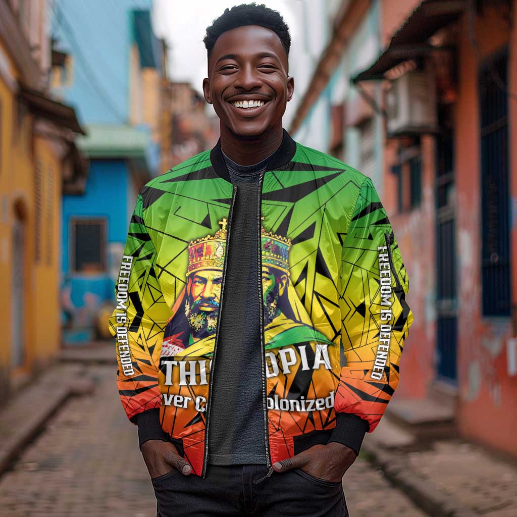 Menelik II Sleeve Zip Bomber Jacket with Crowned Portrait, Ethiopia Never Colonized Text and Pan-African Abstract - African Pride
