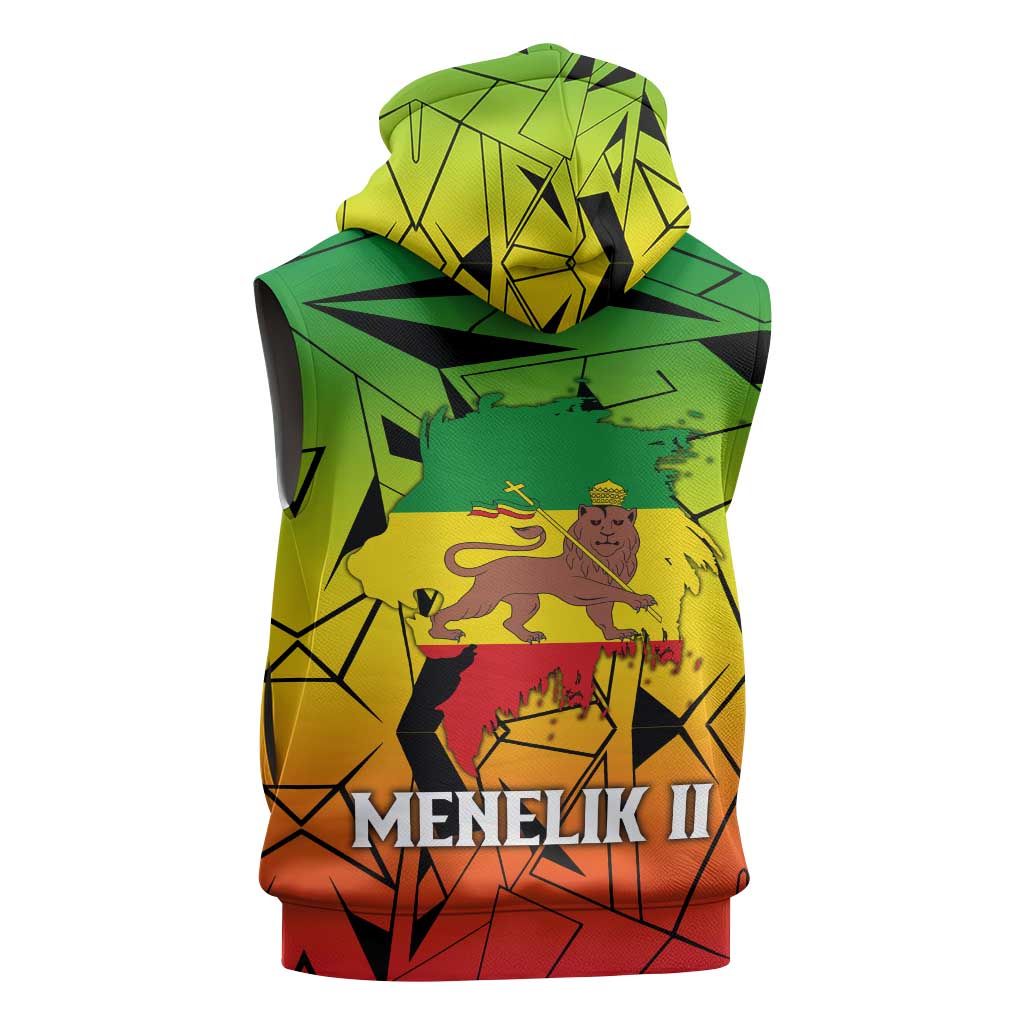 Menelik II Sleeveless Zip Hoodie with Crowned Portrait, Ethiopia Never Colonized Text and Pan-African Abstract - African Pride