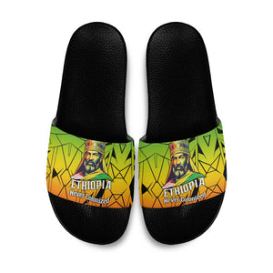 Menelik II Slide Sandals with Crowned Portrait, Ethiopia Never Colonized Text and Pan-African Abstract - African Pride