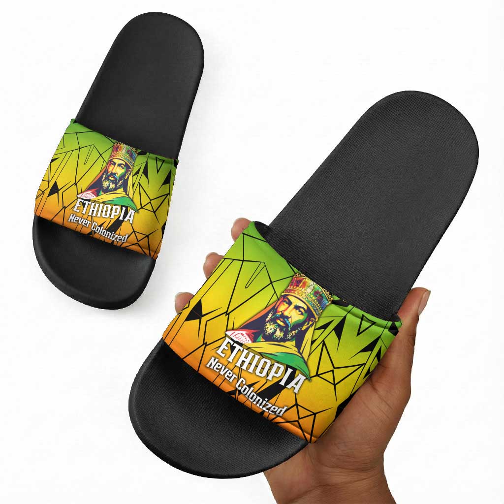 Menelik II Slide Sandals with Crowned Portrait, Ethiopia Never Colonized Text and Pan-African Abstract - African Pride