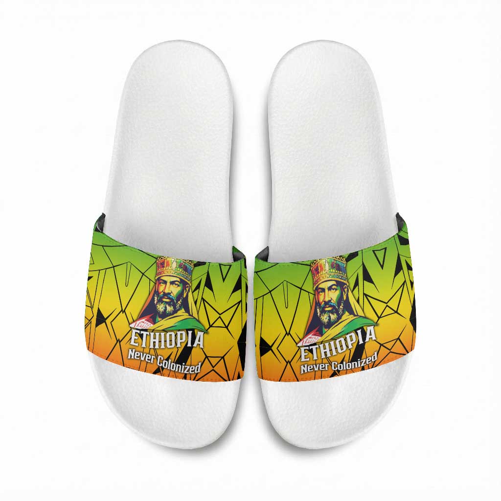 Menelik II Slide Sandals with Crowned Portrait, Ethiopia Never Colonized Text and Pan-African Abstract - African Pride